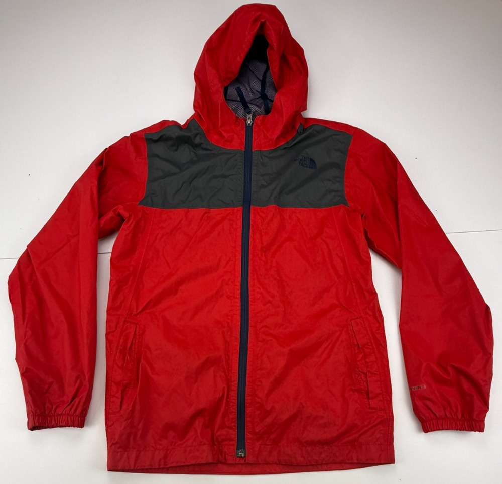 The North Face Zipline Rain Jacket Boys L 14/16 Red Gray DryVent Hooded